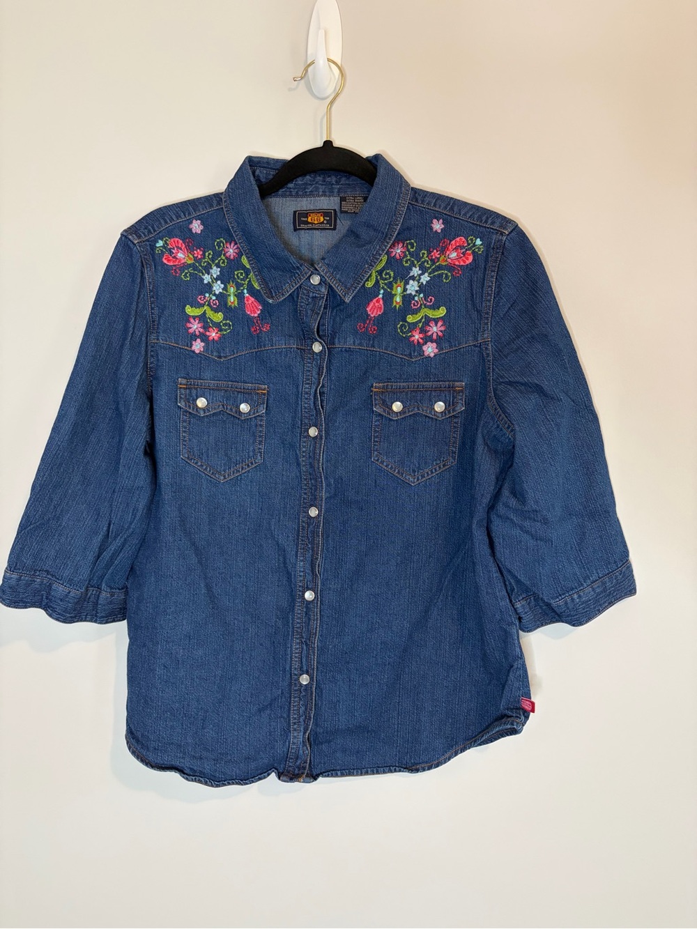 Route 66 Blue Denim Button-Down Shirt with Floral Embroidery
